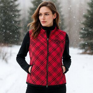 ALIA PETITES | Red & Black Checked Fleece Zip-Up Snowflake Vest – Women’s Medium